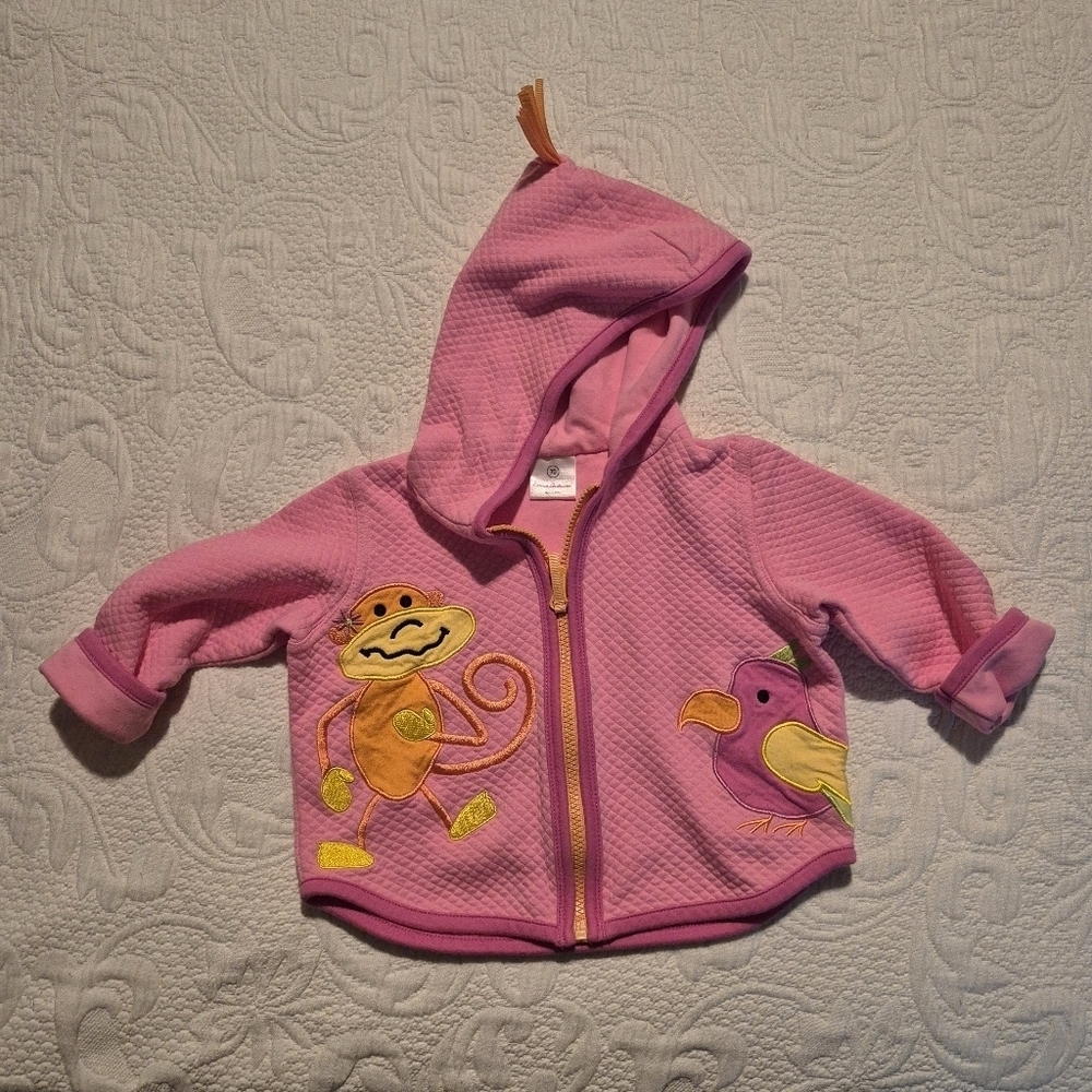 Hanna Andersson girls size 70 or 6-12 months quilted pink monkey and bird jacket